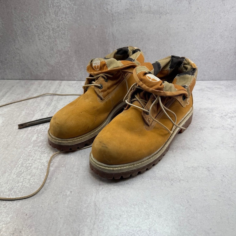 TORN SOLE Timberland Leather Wheat Nubuck Patchwork Roll-Top Boots Mens 8 READ